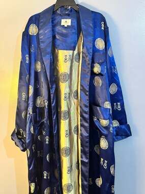 Vintage Shanghai China Silk Brocade Smoking Jacket Robe Blue/Gold Large